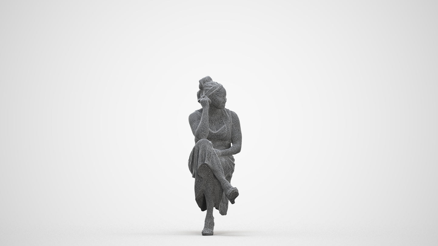 3D people model woman casual sitting, scanned human for 3ds Max rendering, three-quarter front view render