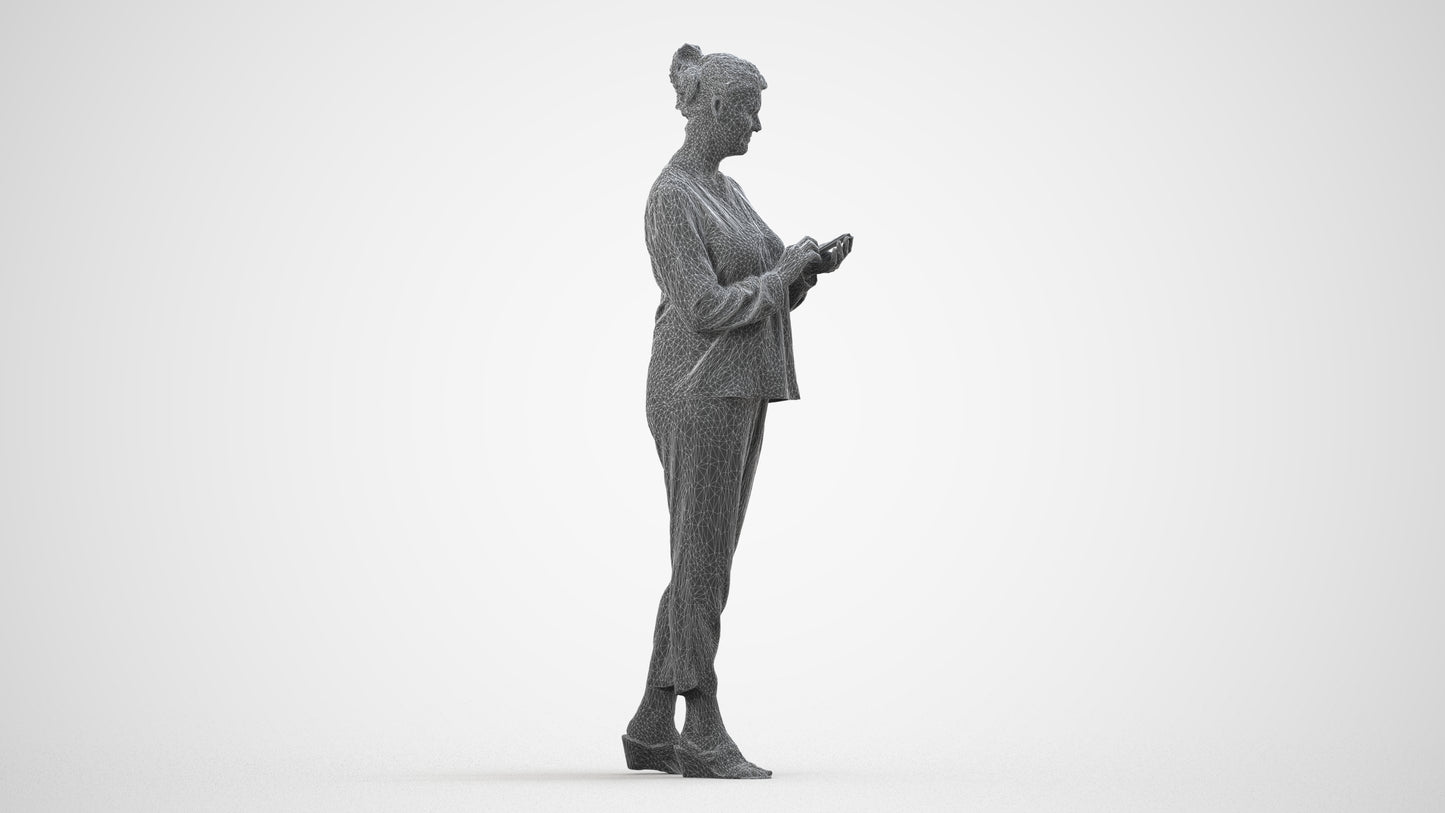 scanned 3D woman casual standing, photogrammetry people for Enscape and V-Ray, wireframe side view