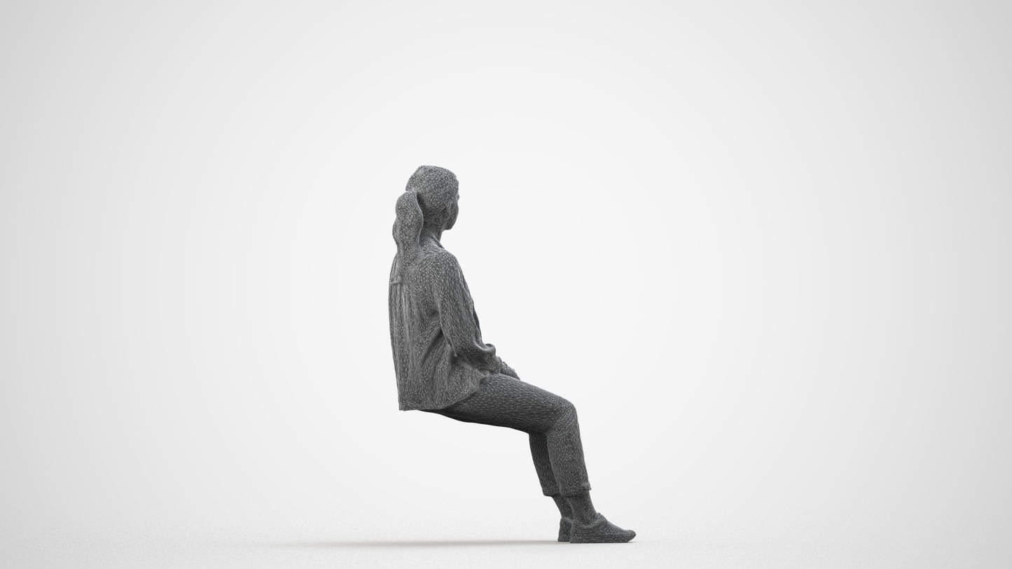 realistic 3D people woman casual sitting, render-ready for V-Ray and Corona, FBX OBJ, wireframe side view