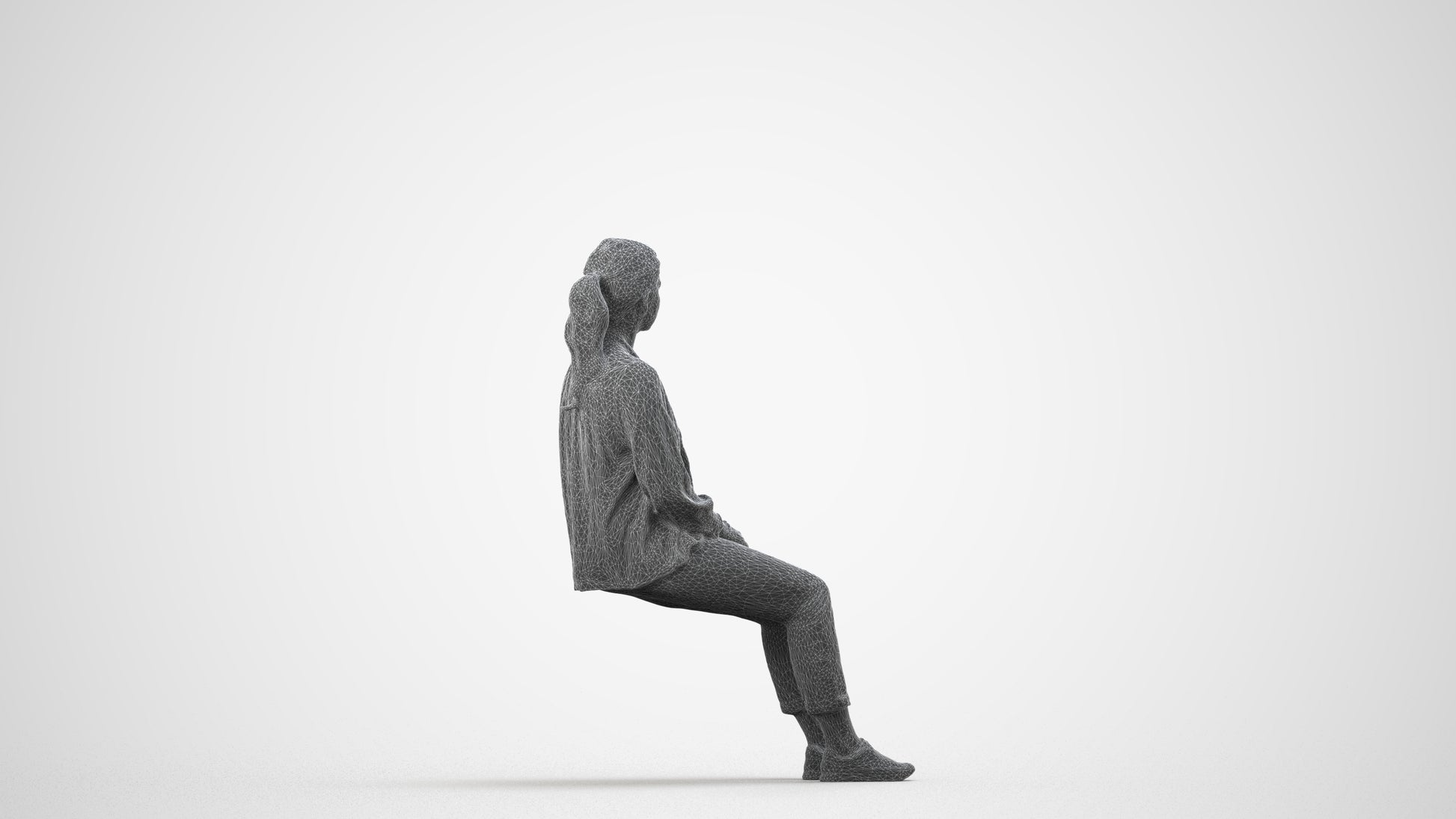 realistic 3D people woman casual sitting, render-ready for V-Ray and Corona, FBX OBJ, wireframe side view