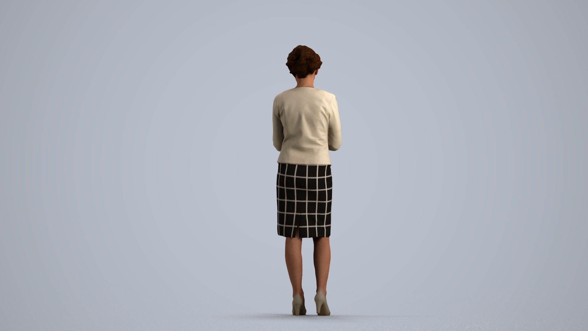 3D scanned woman standing business, photorealistic archviz people for Enscape and SketchUp, front view render