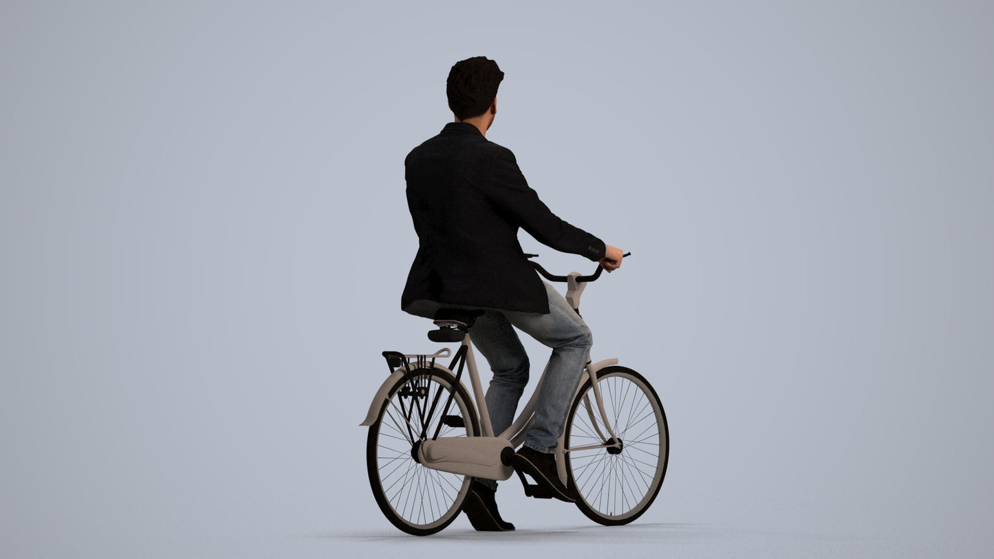 realistic 3D man casual cycling, scanned archviz people for Blender and 3ds Max, front view render