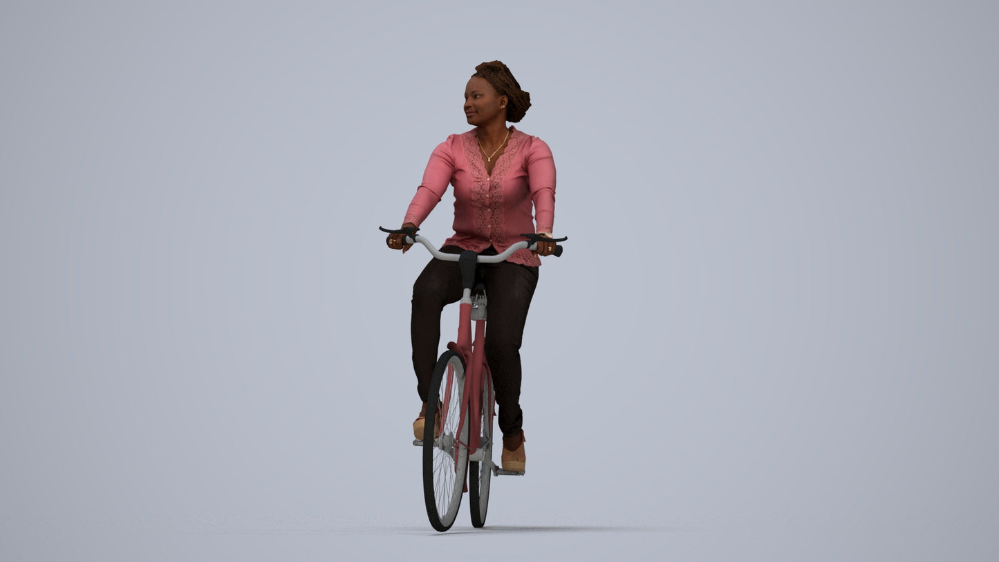 realistic 3D woman casual cycling, scanned archviz people for Blender and 3ds Max, top-down view render