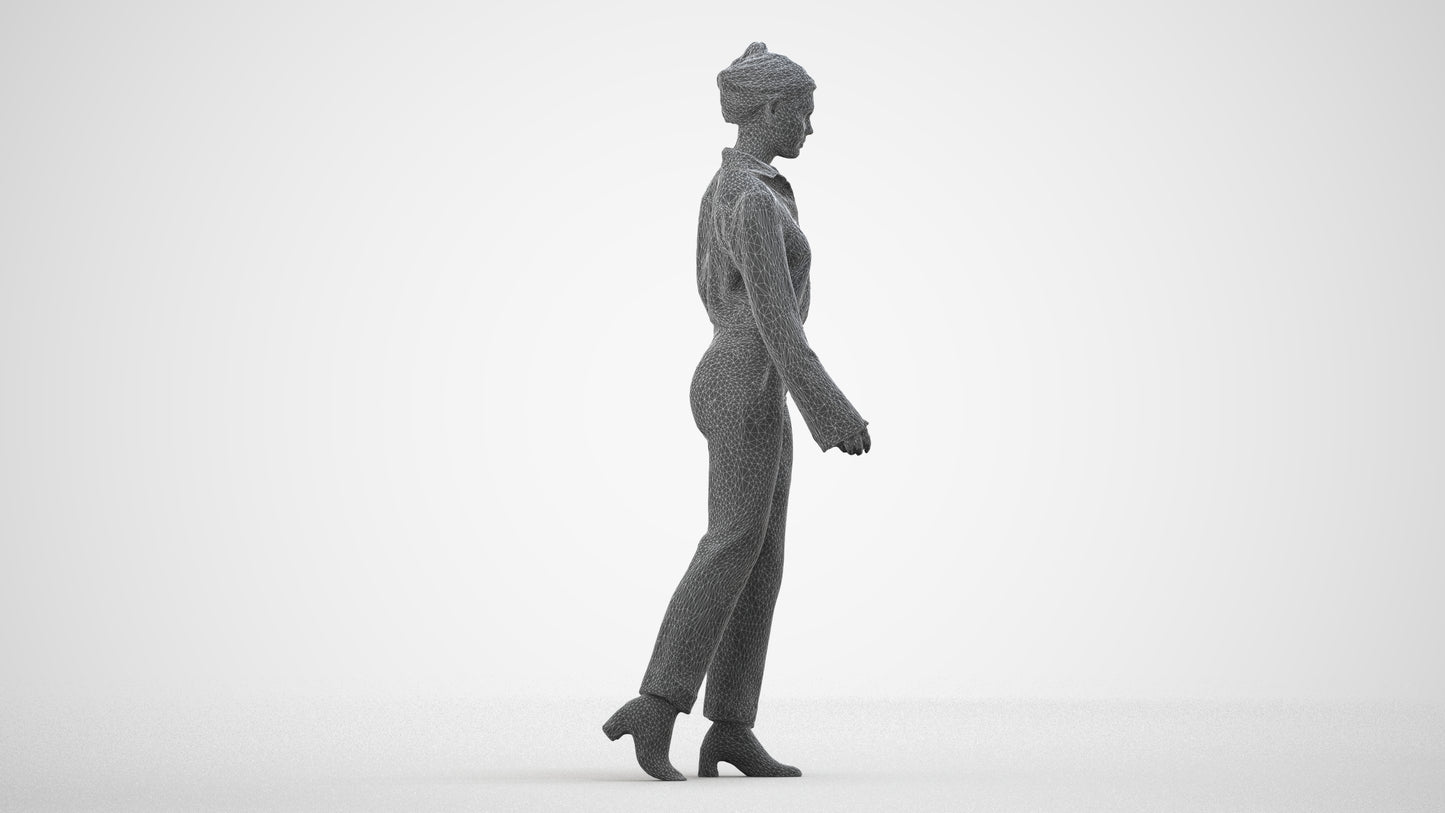 3D human model woman business walking, photogrammetry scanned person for archviz, wireframe side view