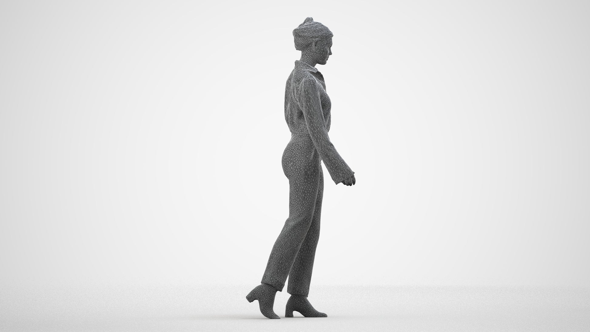 3D human model woman business walking, photogrammetry scanned person for archviz, wireframe side view