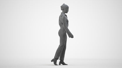 3D human model woman business walking, photogrammetry scanned person for archviz, wireframe side view