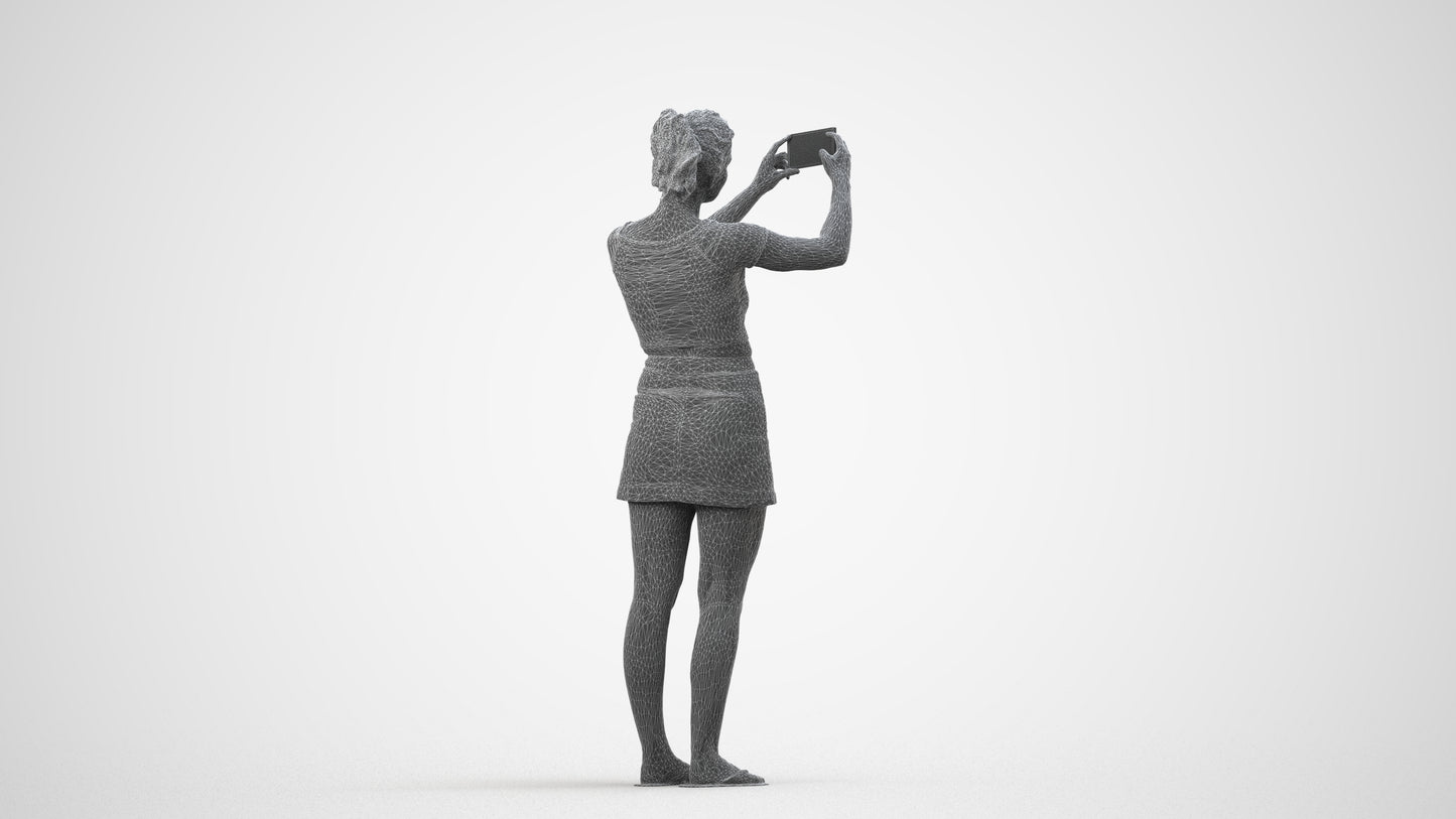 3D human model woman casual standing, photogrammetry scanned person for archviz, wireframe side view