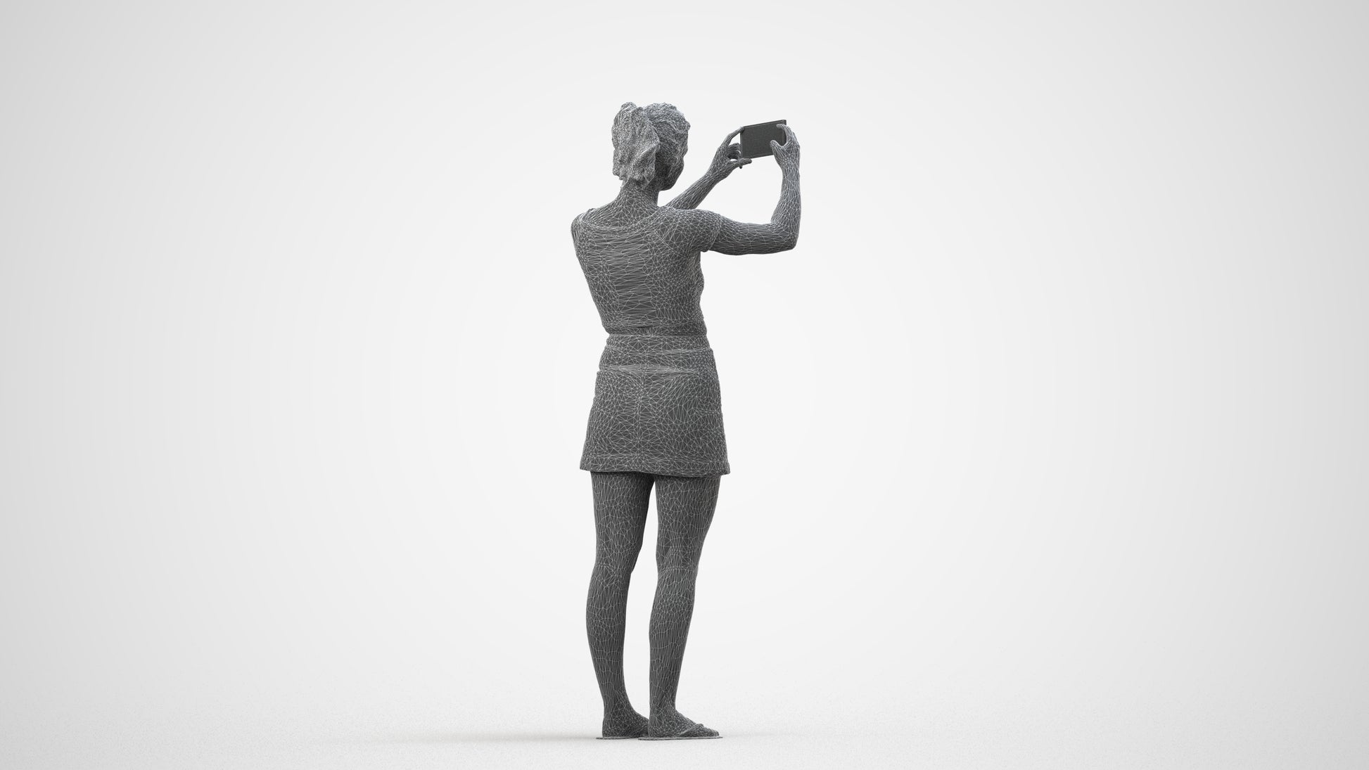 3D human model woman casual standing, photogrammetry scanned person for archviz, wireframe side view