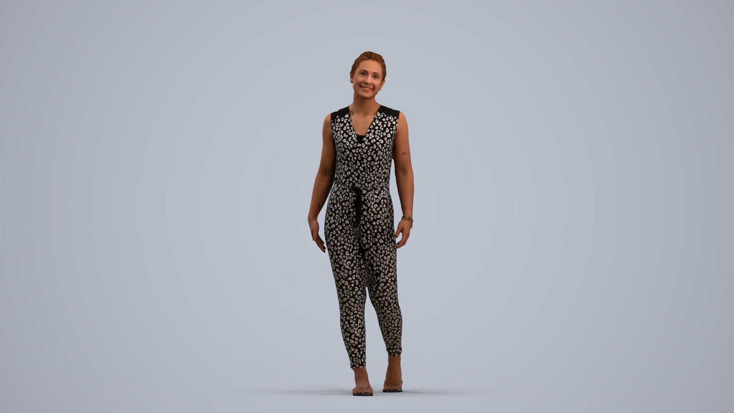 3D human model woman casual walking, photogrammetry scanned person for archviz, standing pose render
