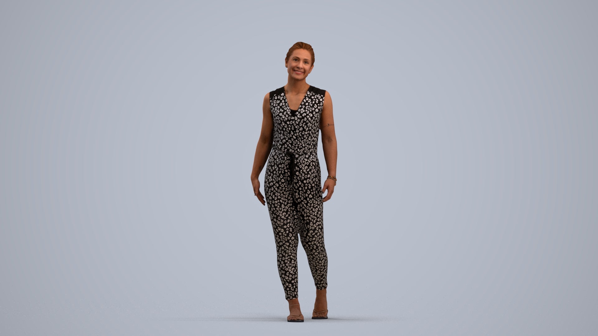 3D human model woman casual walking, photogrammetry scanned person for archviz, standing pose render