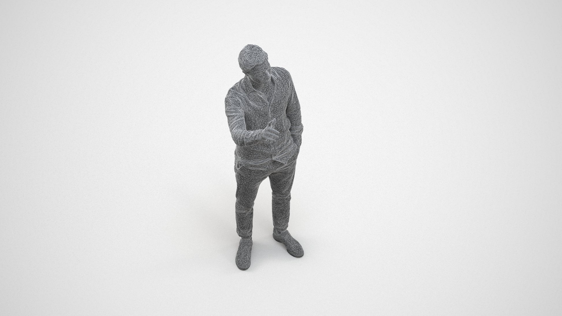 3D human model man casual standing, photogrammetry scanned person for archviz, wireframe three-quarter view