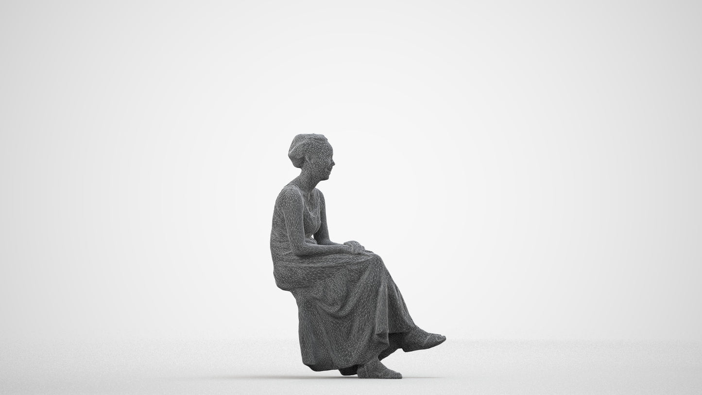 realistic 3D human woman casual sitting, archviz people FBX OBJ for Blender, wireframe side view