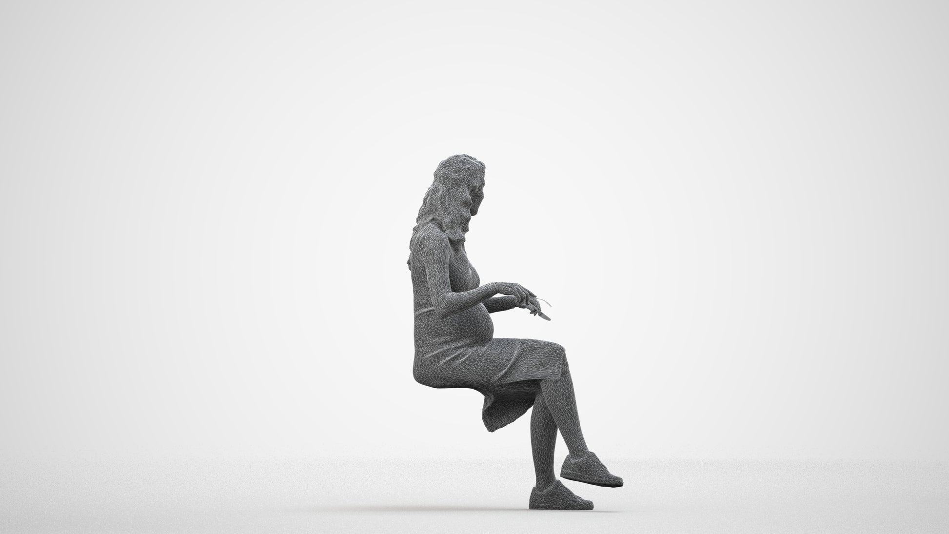 3D people model woman casual sitting, scanned human for 3ds Max rendering, wireframe side view