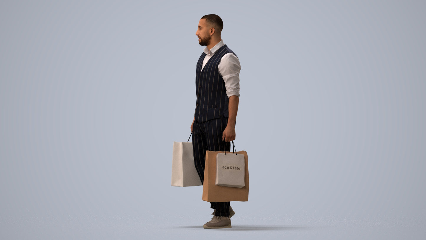 3D human model man casual shopping, photogrammetry scanned person for archviz, three-quarter view render