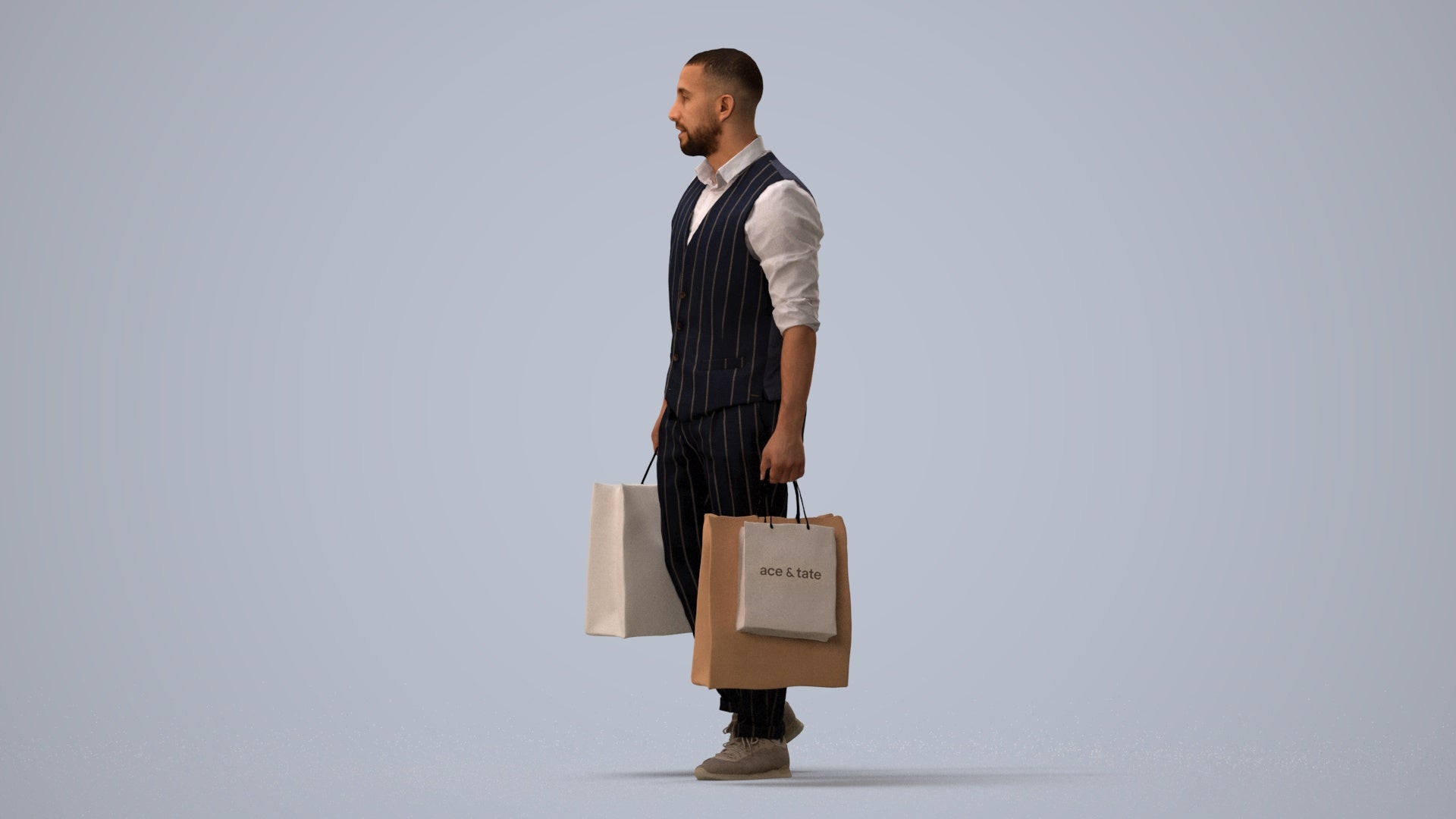 3D human model man casual shopping, photogrammetry scanned person for archviz, three-quarter view render
