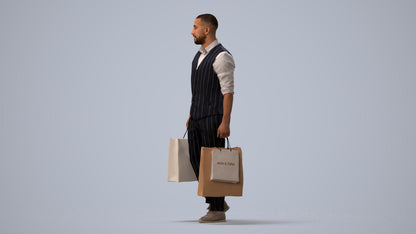 3D human model man casual shopping, photogrammetry scanned person for archviz, three-quarter view render