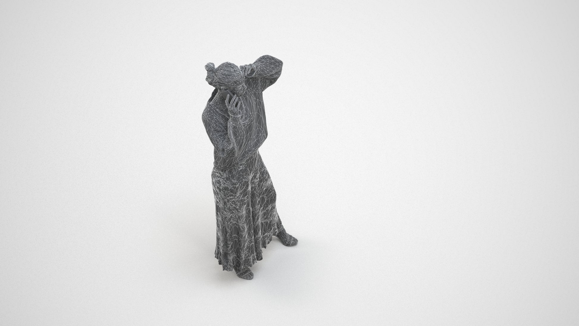 3D human model woman casual standing, photogrammetry scanned person for archviz, wireframe three-quarter view