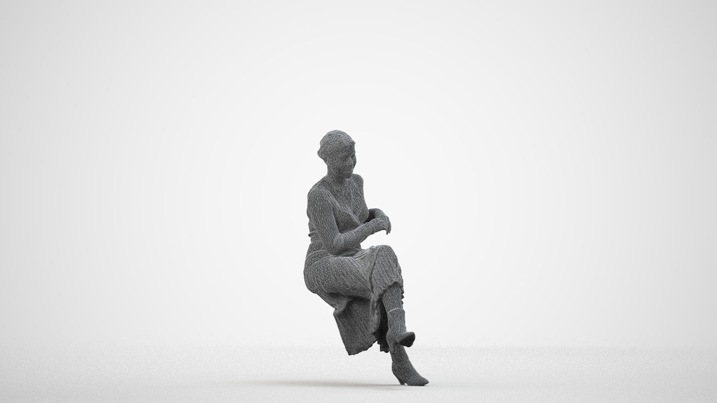 realistic 3D people woman casual sitting, render-ready for V-Ray and Corona, FBX OBJ, wireframe side view