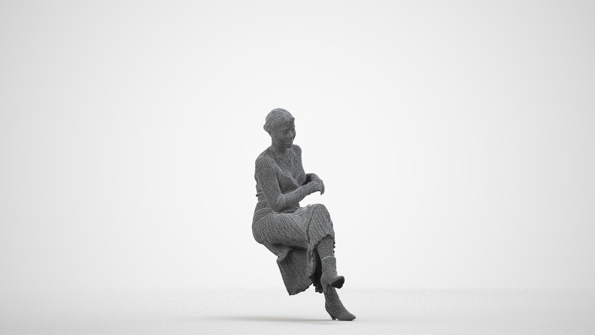 realistic 3D people woman casual sitting, render-ready for V-Ray and Corona, FBX OBJ, wireframe side view