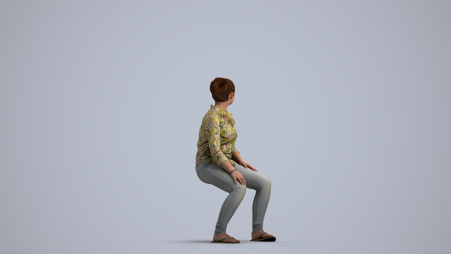 photogrammetry 3D woman casual sitting, realistic human model archviz FBX, front view render