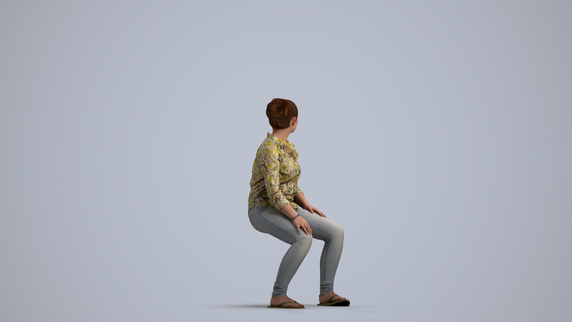 photogrammetry 3D woman casual sitting, realistic human model archviz FBX, front view render