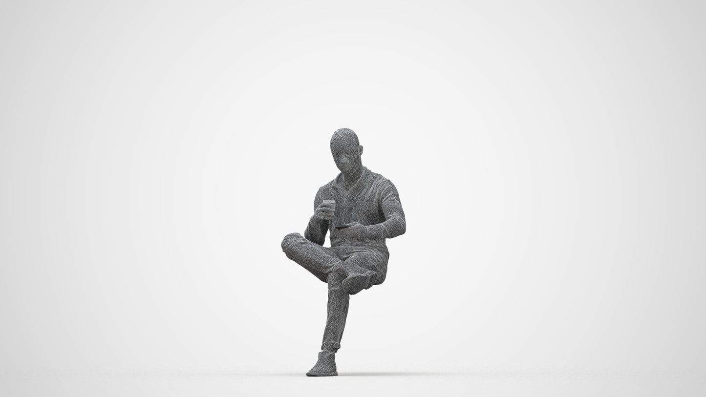 realistic 3D man casual sitting, scanned archviz people for Blender and 3ds Max, wireframe back view