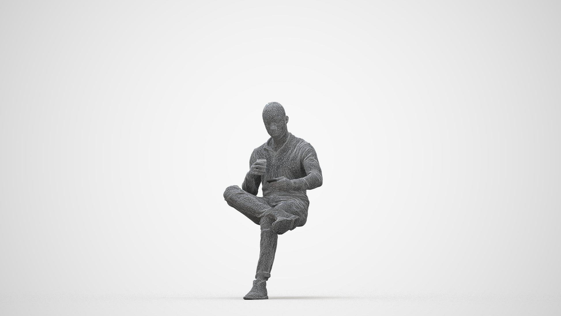 realistic 3D man casual sitting, scanned archviz people for Blender and 3ds Max, wireframe back view