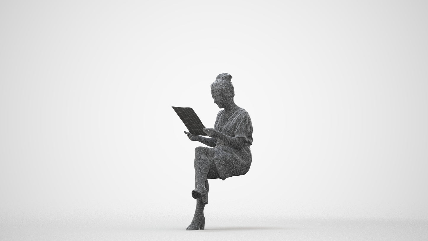 photogrammetry 3D woman casual sitting, realistic human model archviz FBX, square thumbnail