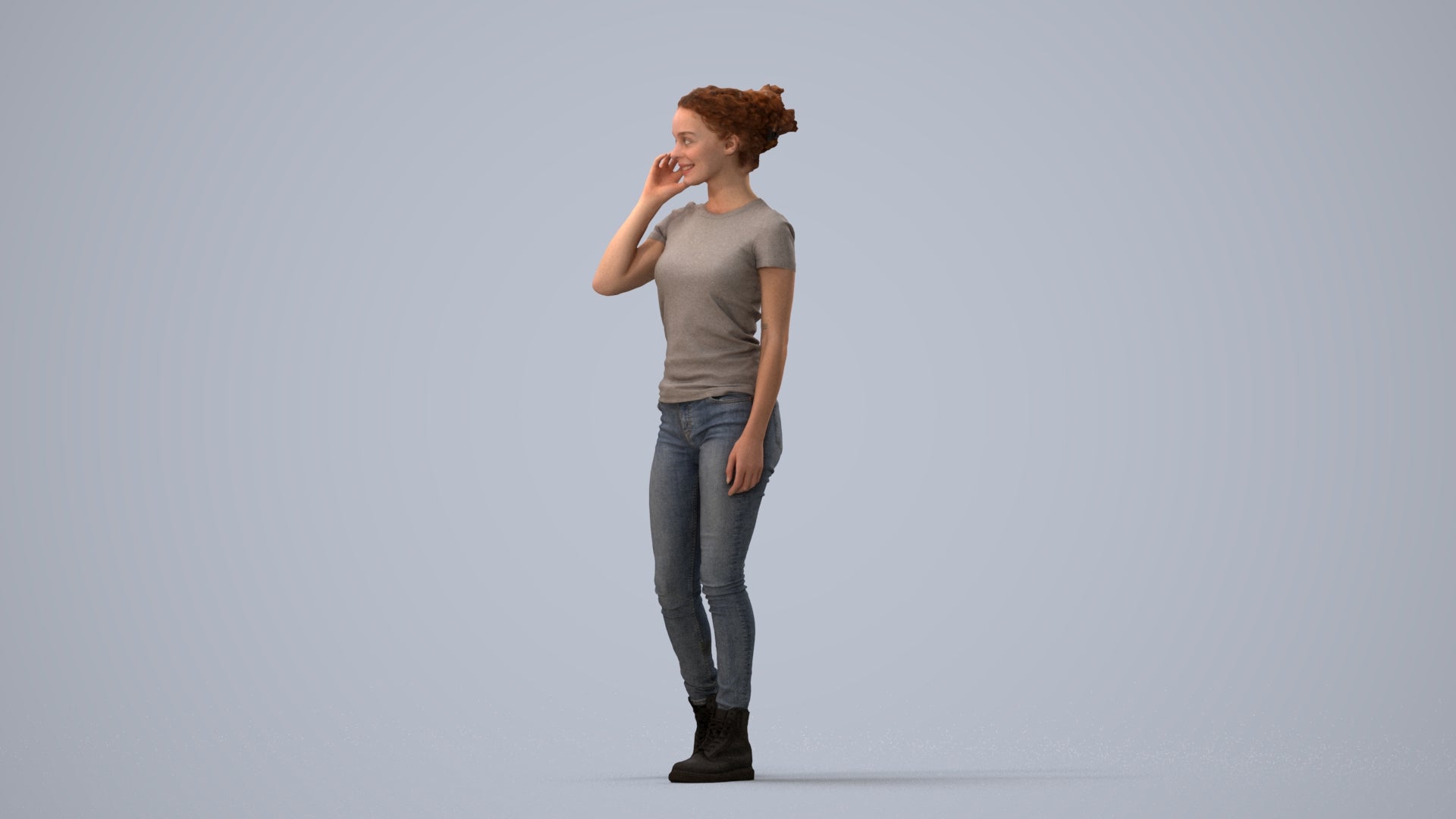 3D human model woman casual walking, photogrammetry scanned person for archviz, three-quarter view render