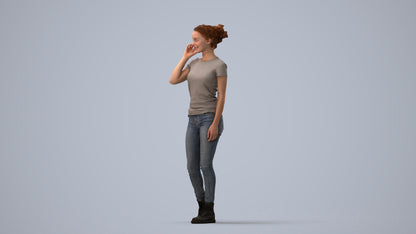 3D human model woman casual walking, photogrammetry scanned person for archviz, three-quarter view render