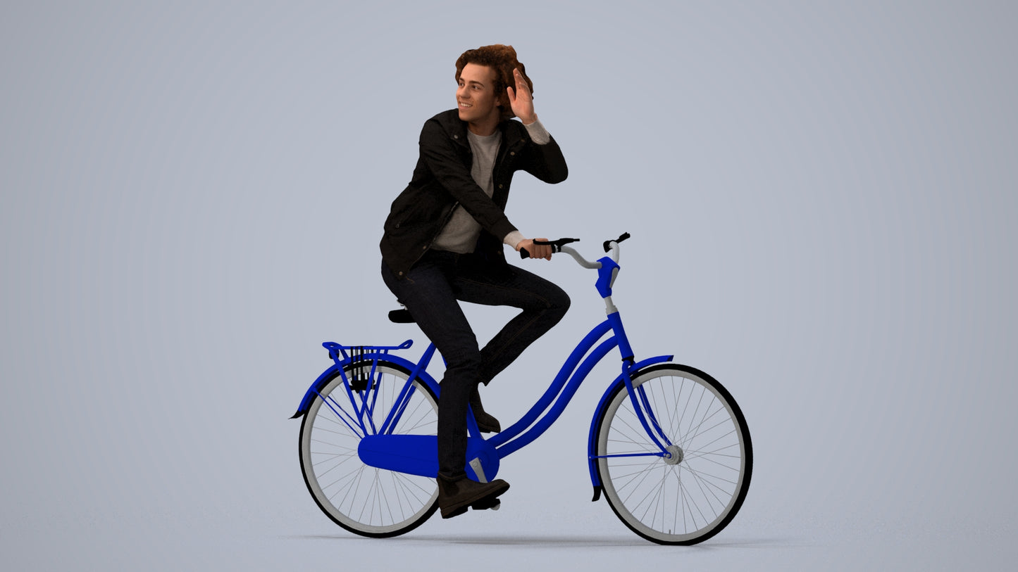 3D people model man casual cycling, scanned human for 3ds Max rendering, three-quarter view render