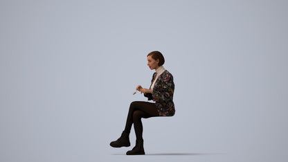 3D people model woman casual sitting, scanned human for 3ds Max rendering, three-quarter view render