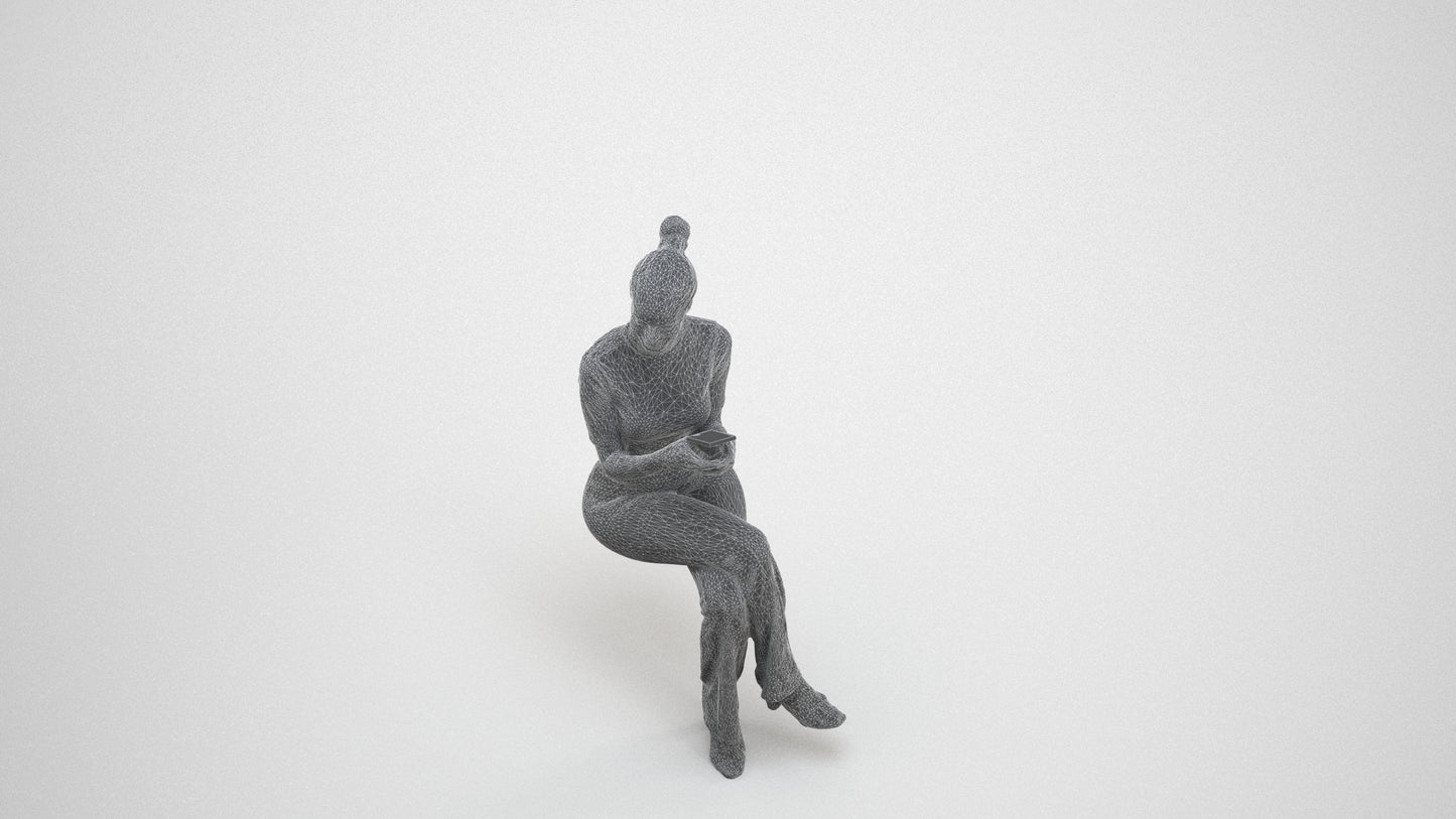photogrammetry 3D woman casual sitting, realistic human model archviz FBX, wireframe three-quarter view