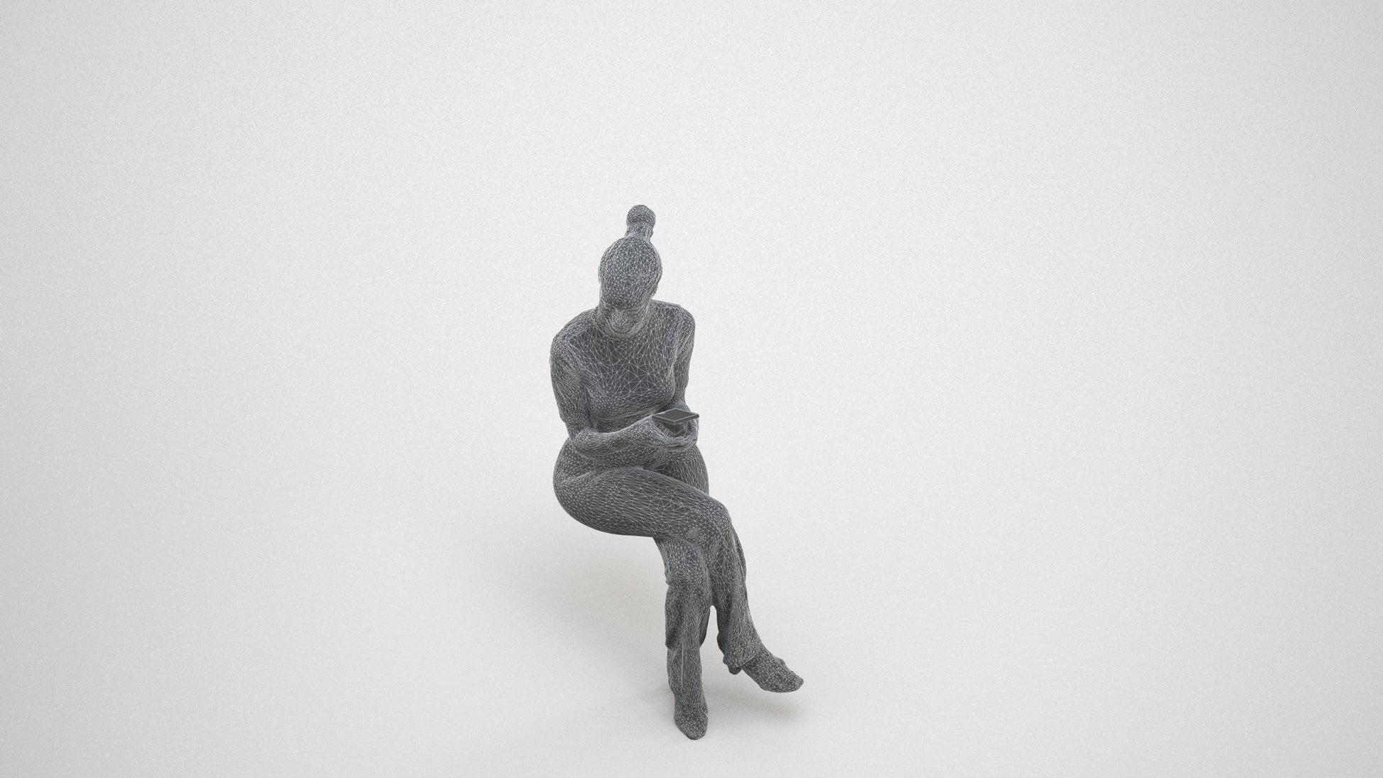 photogrammetry 3D woman casual sitting, realistic human model archviz FBX, wireframe three-quarter view