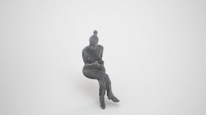 photogrammetry 3D woman casual sitting, realistic human model archviz FBX, wireframe three-quarter view