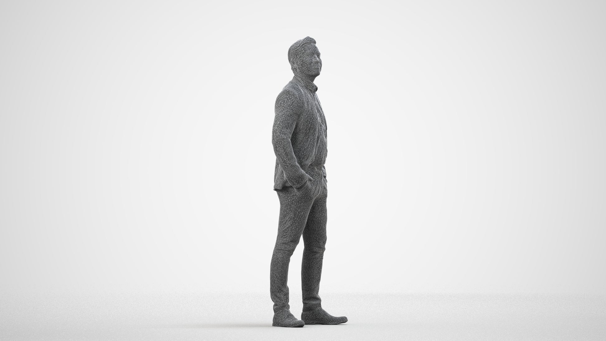 3D scanned man business, photorealistic archviz people for Enscape and SketchUp, wireframe side view