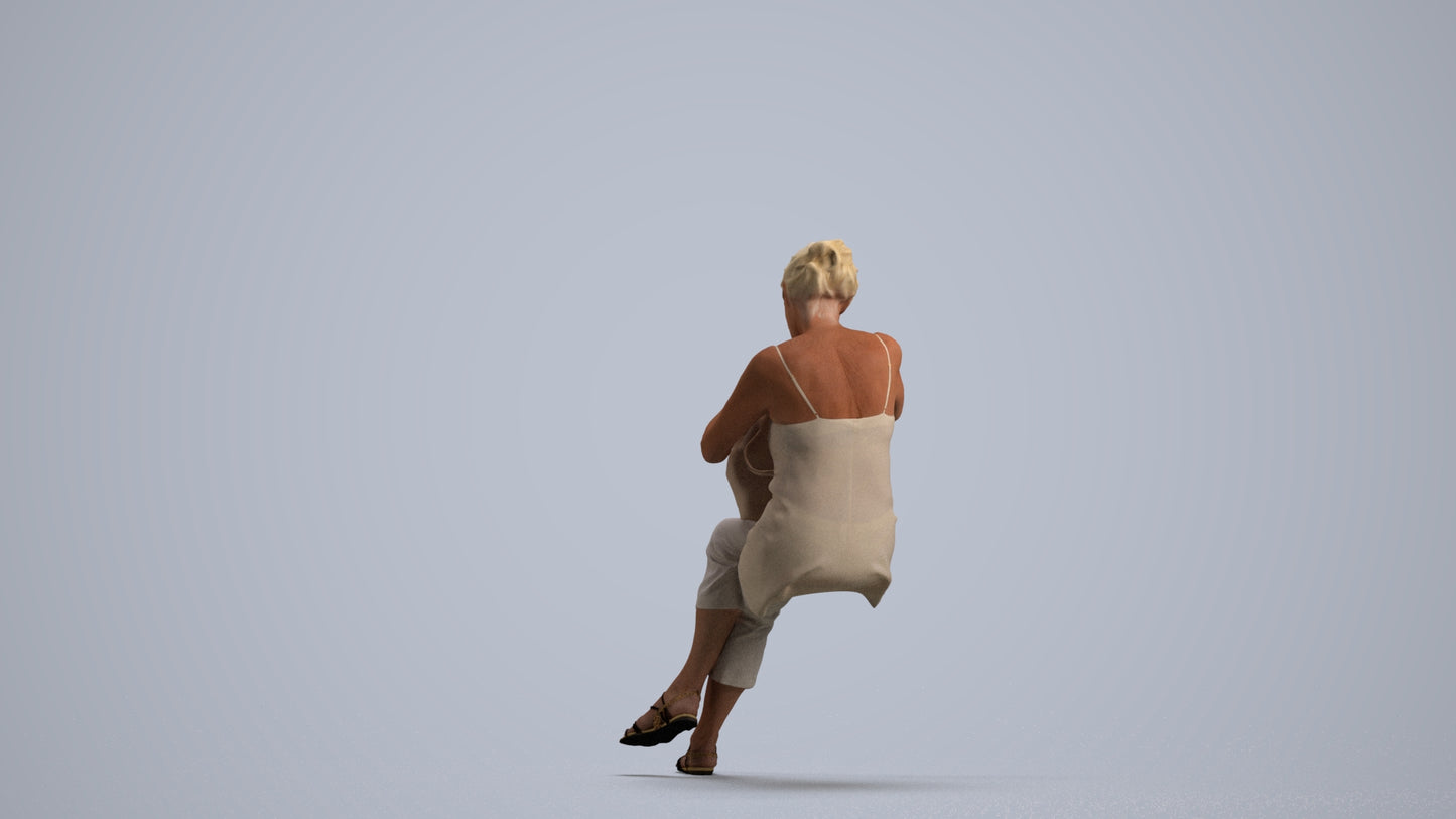 3D scanned senior woman sitting casual, photorealistic archviz people for Enscape and SketchUp, front view render
