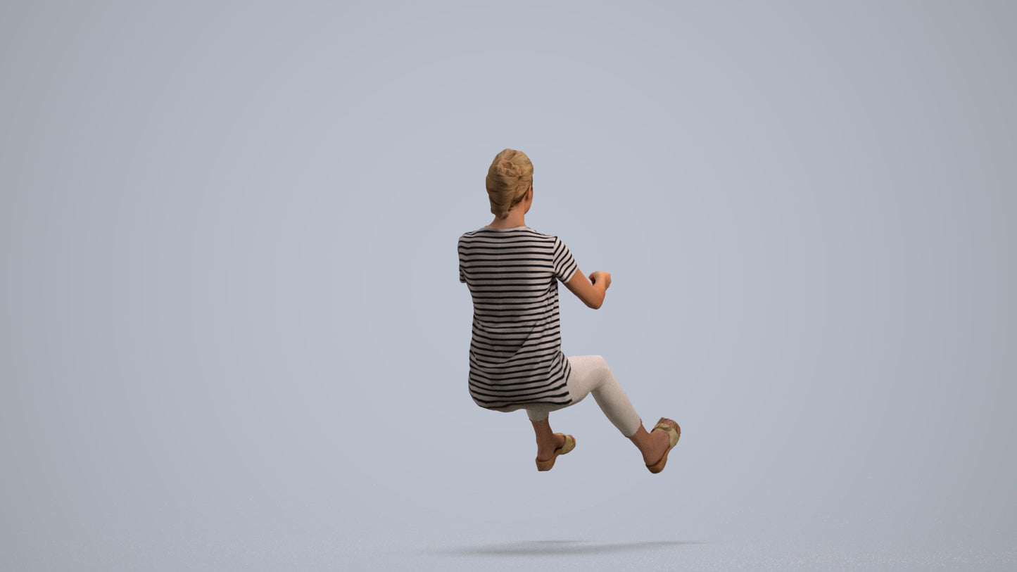 3D human model woman casual driving, photogrammetry scanned person for archviz, front view render