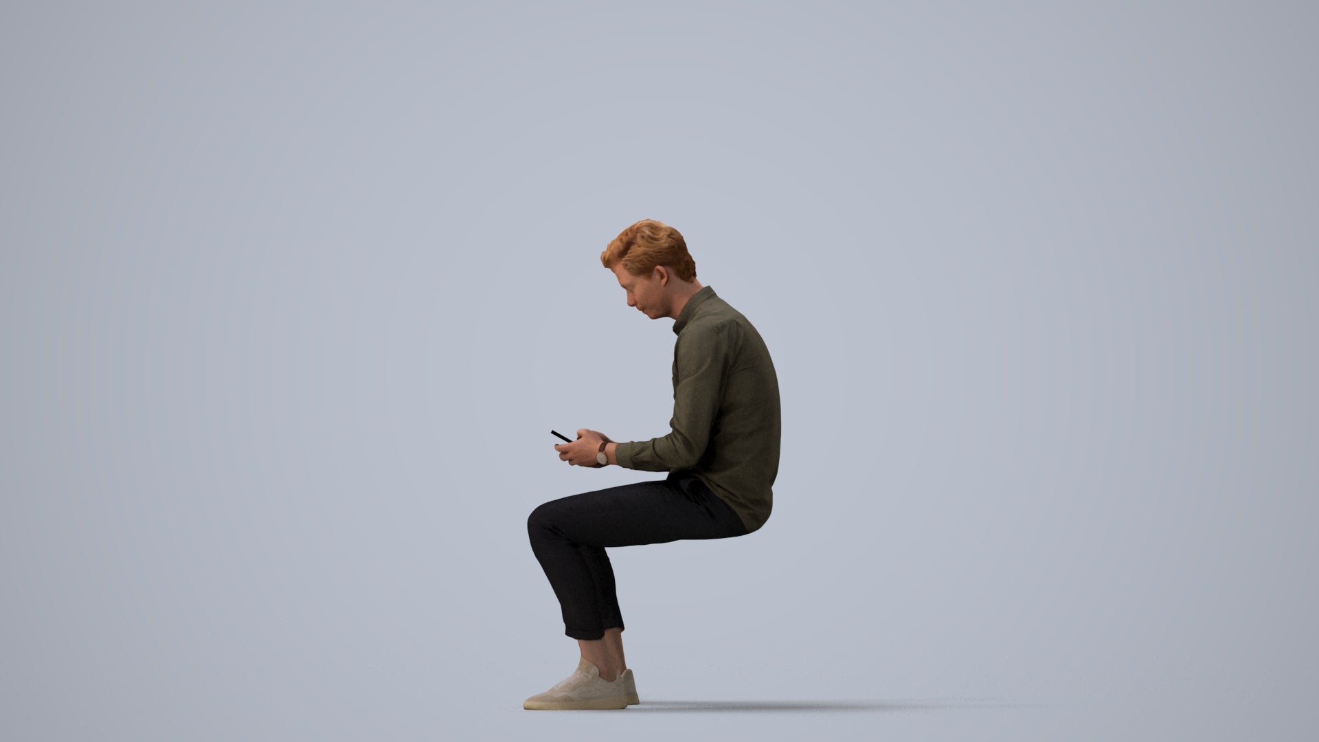 photogrammetry 3D man casual sitting, realistic human model archviz FBX, three-quarter view render