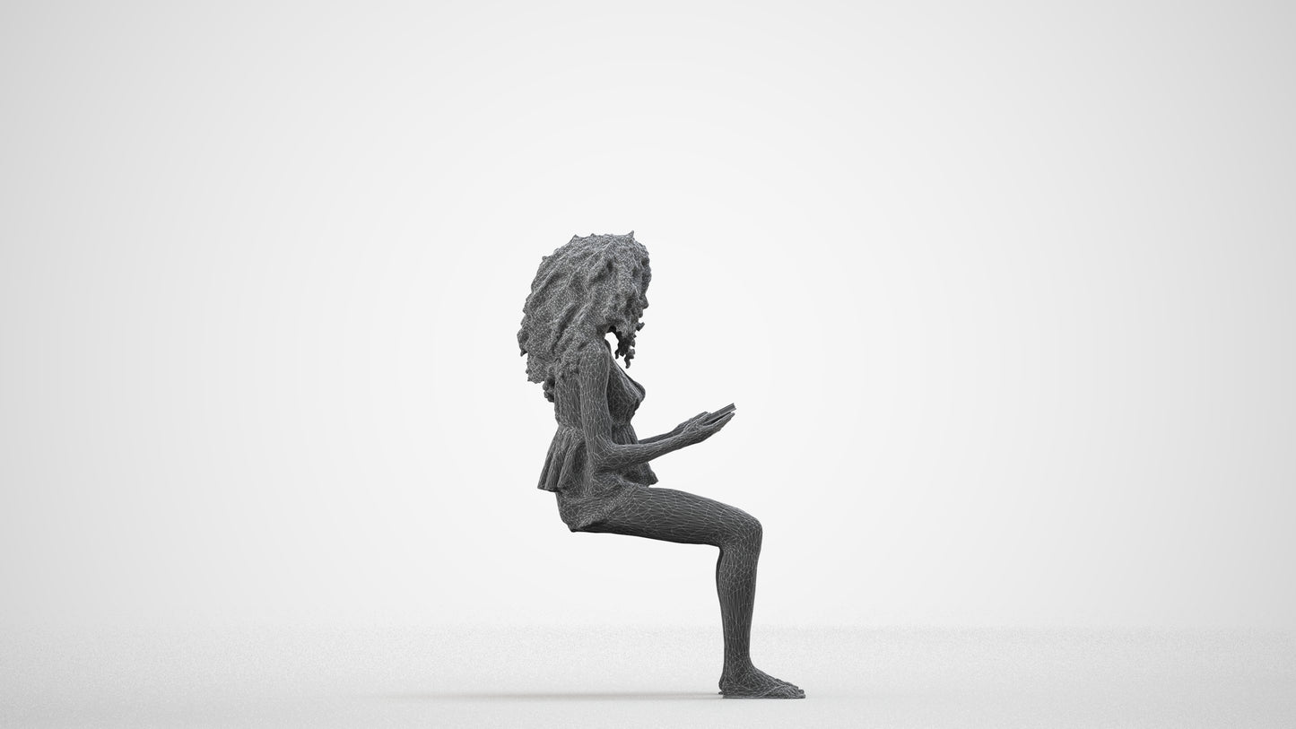 realistic 3D woman casual sitting, scanned archviz people for Blender and 3ds Max, wireframe side view