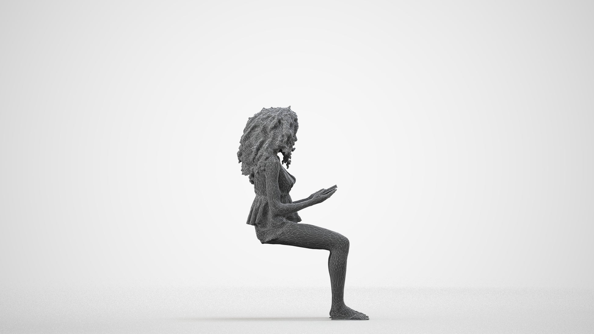 realistic 3D woman casual sitting, scanned archviz people for Blender and 3ds Max, wireframe side view