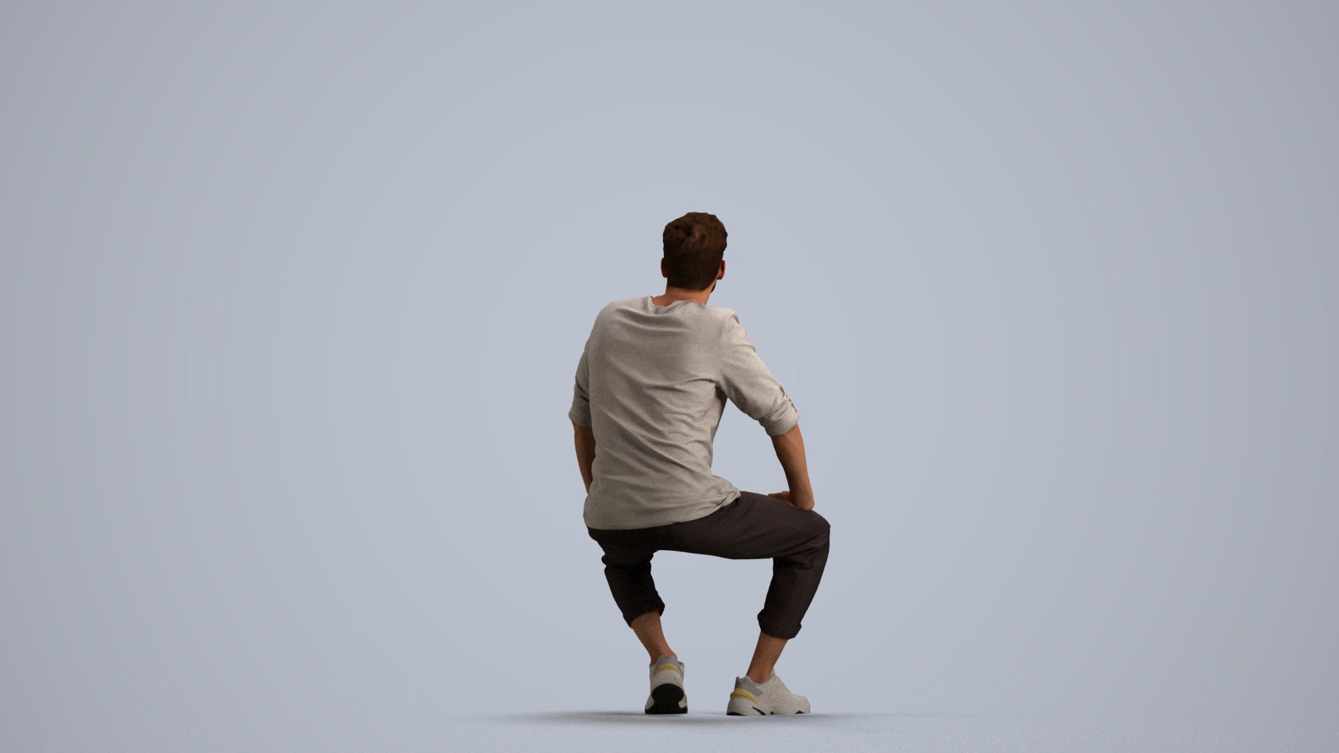3D human model man casual sitting, photogrammetry scanned person for archviz, front view render