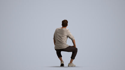 3D human model man casual sitting, photogrammetry scanned person for archviz, front view render