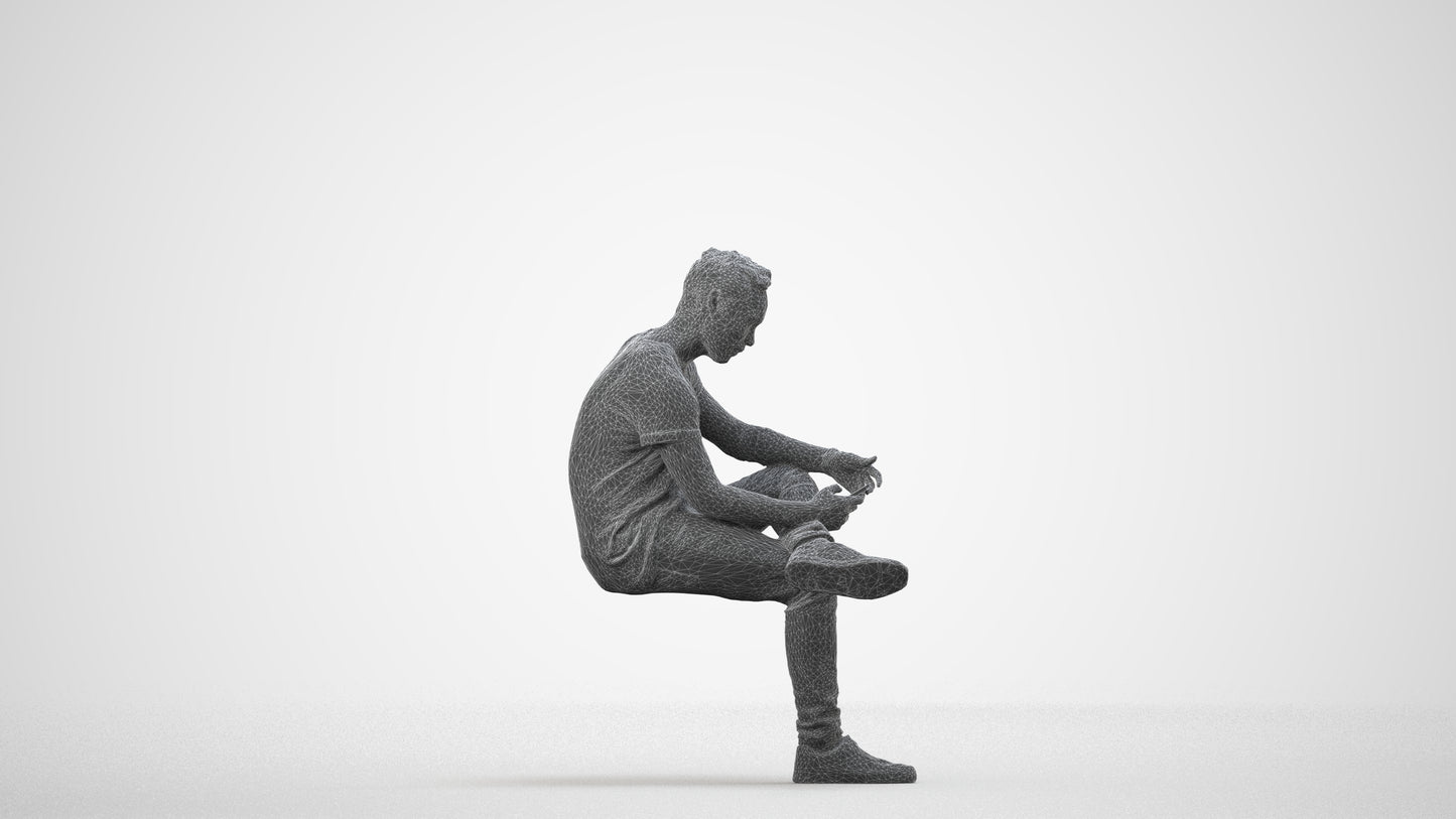 3D scanned man sitting casual, photorealistic archviz people for Enscape and SketchUp, wireframe side view