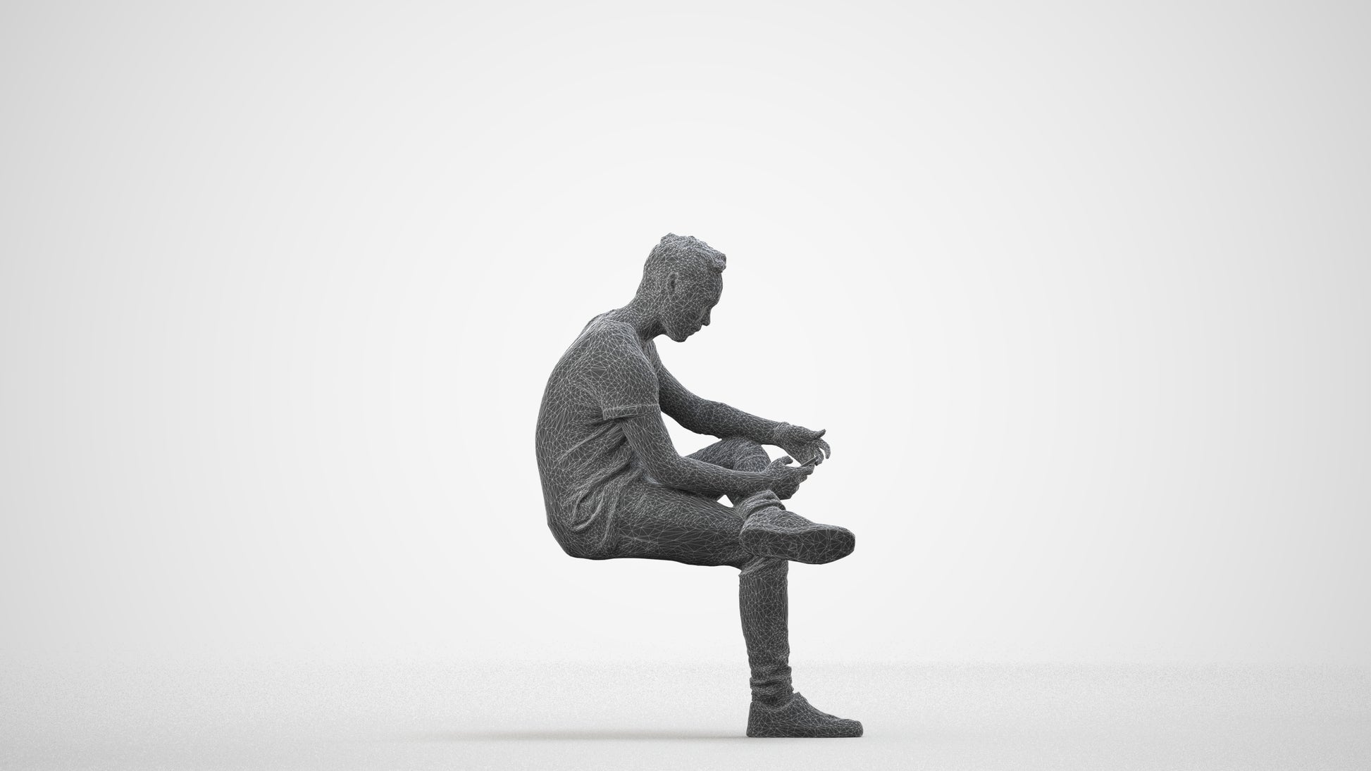 3D scanned man sitting casual, photorealistic archviz people for Enscape and SketchUp, wireframe side view