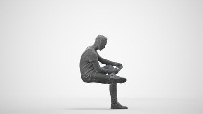 3D scanned man sitting casual, photorealistic archviz people for Enscape and SketchUp, wireframe side view