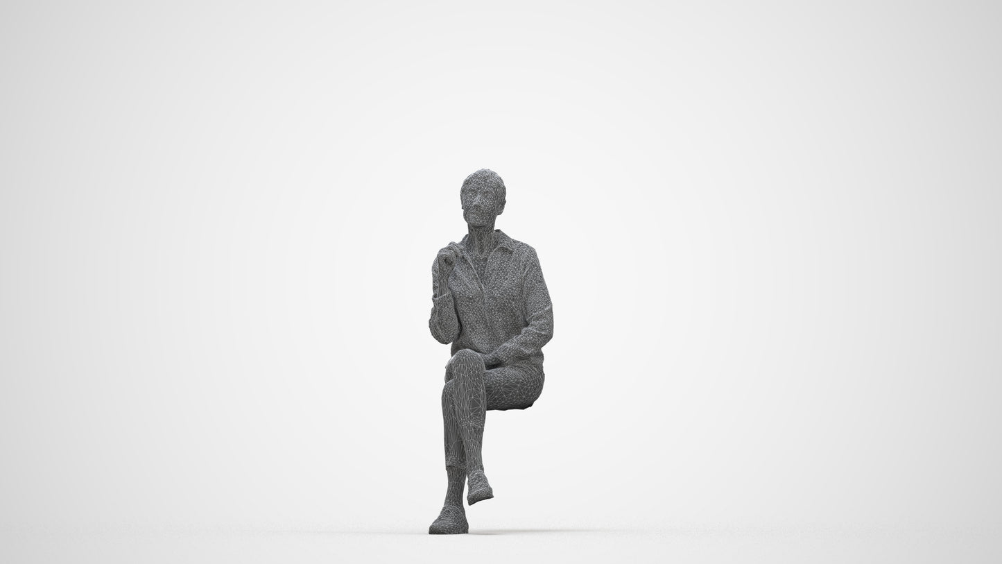 realistic 3D senior woman casual sitting, scanned archviz people for Blender and 3ds Max, wireframe back view