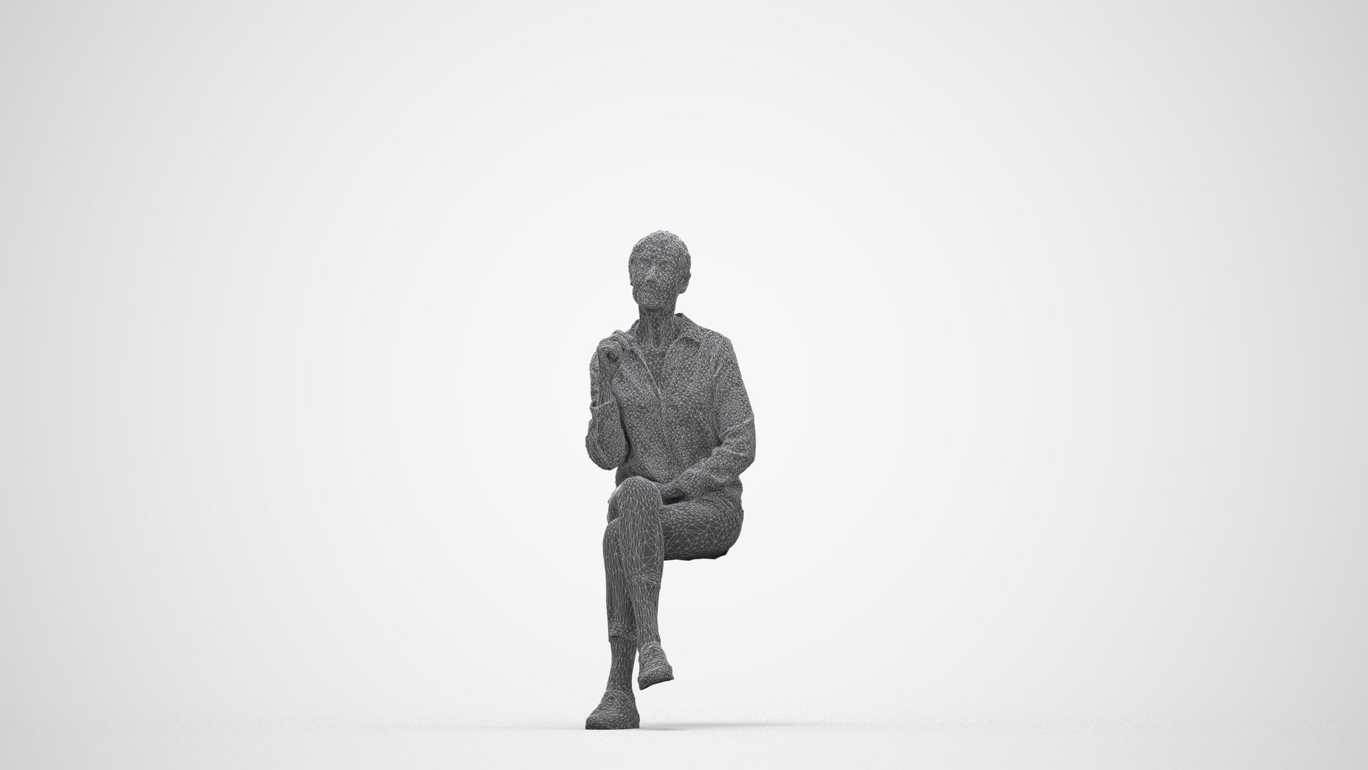 realistic 3D senior woman casual sitting, scanned archviz people for Blender and 3ds Max, wireframe back view