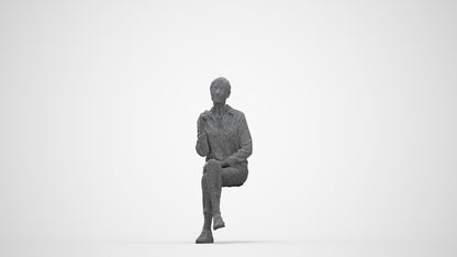 realistic 3D senior woman casual sitting, scanned archviz people for Blender and 3ds Max, wireframe back view
