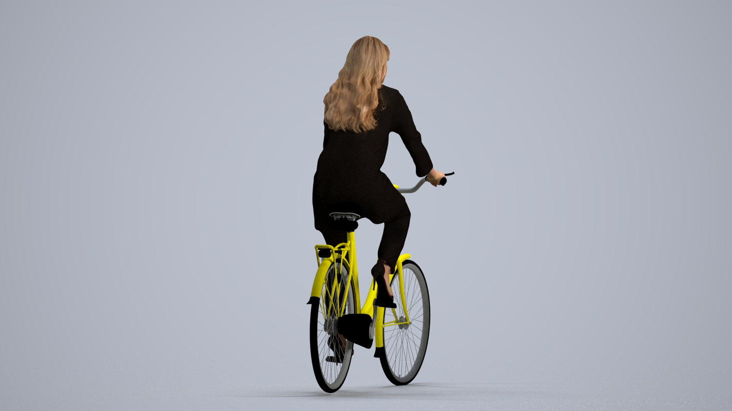 realistic 3D woman business cycling, scanned archviz people for Blender and 3ds Max, front view render